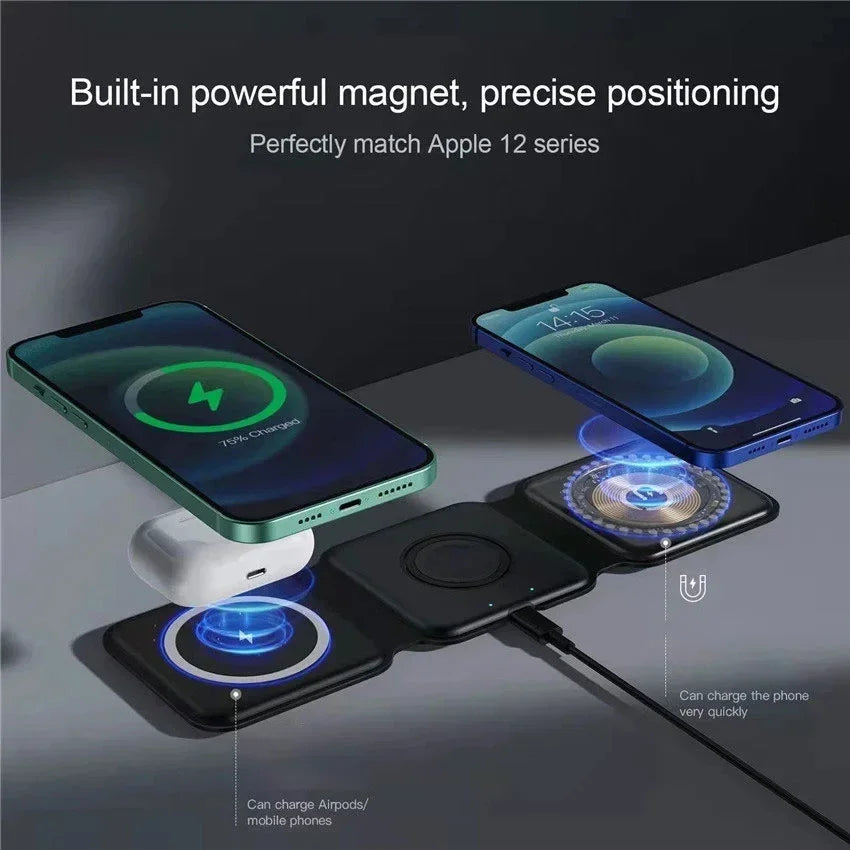 Smartphone charging pad with built-in powerful magnet and precise positioning feature, compatible with Apple 12 series.