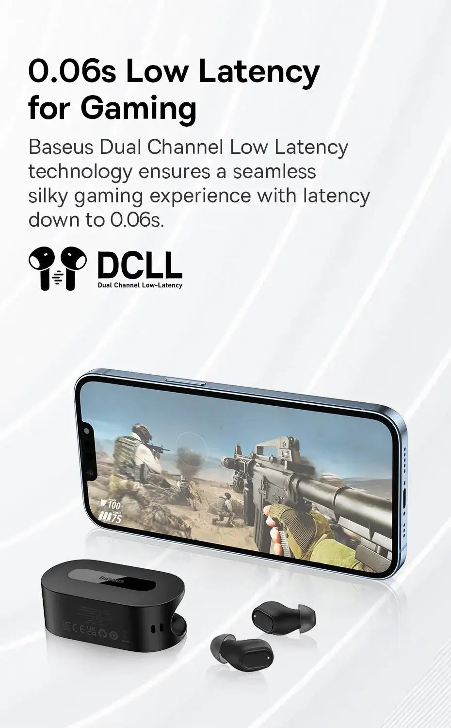 Gaming earbuds with a smartphone displaying a first-person shooter game, featuring Baseus Dual Channel Low Latency technology