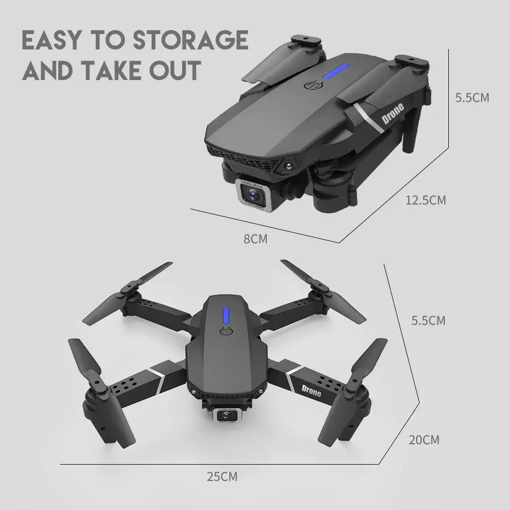 E88 Pro foldable drone with dimensions displayed on a gray background