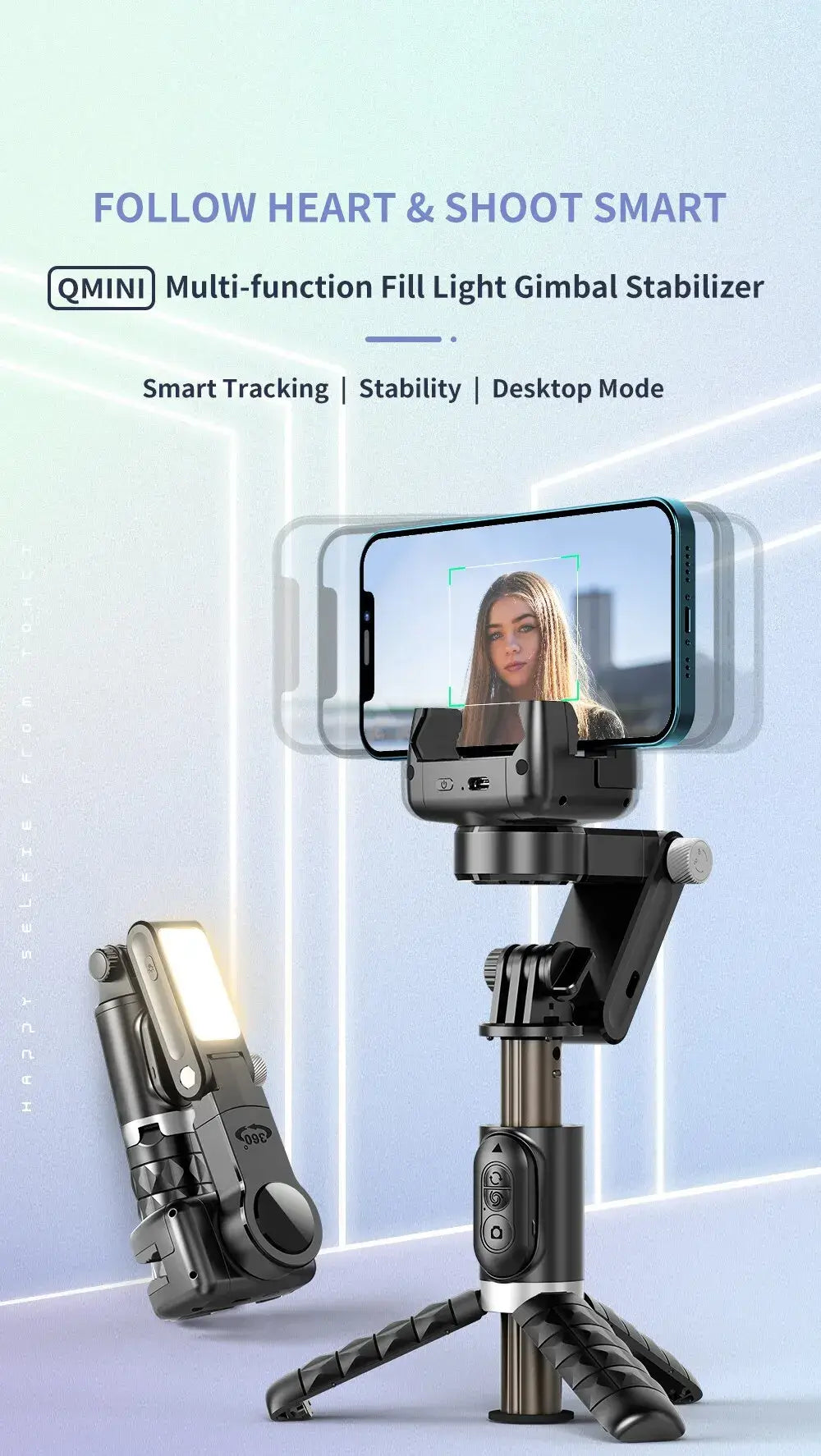 Multi-function gimbal stabilizer with built-in fill light and adjustable smartphone holder for professional lighting and stability