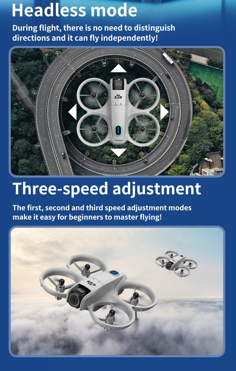 Advertisement for a drone with text about headless mode and three-speed adjustment on a blue background.