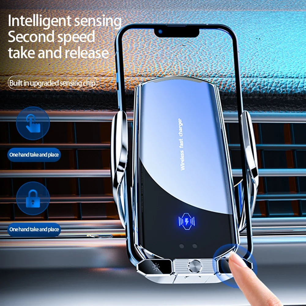 Car phone holder with air vent background and text about features