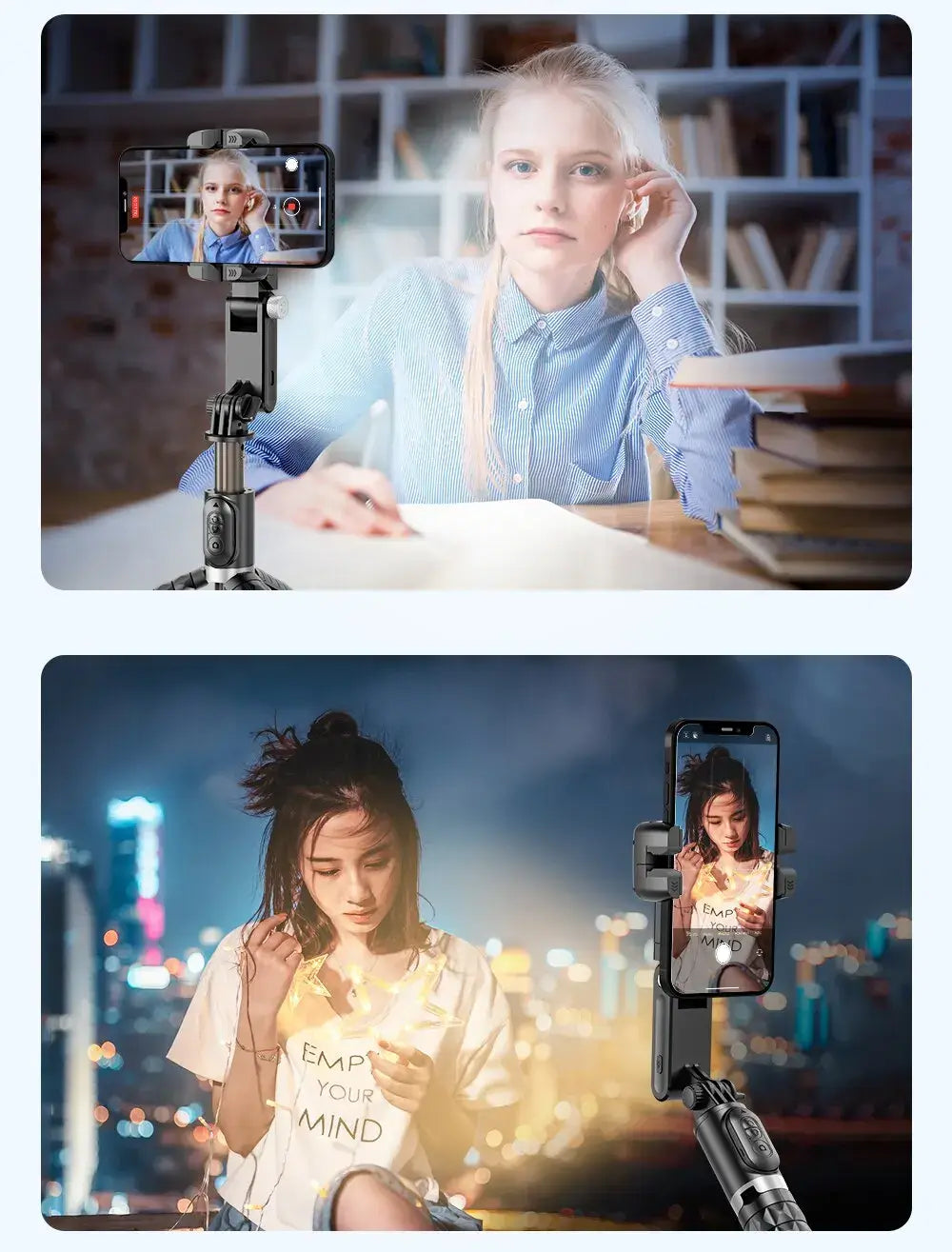 Two images showing a smartphone holder with a screen displaying a person, one indoors and one outdoors.