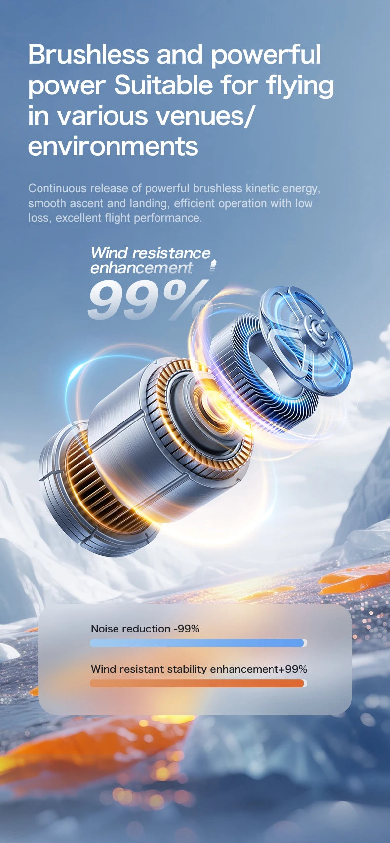 Technical illustration of a brushless motor with performance features on a blue background