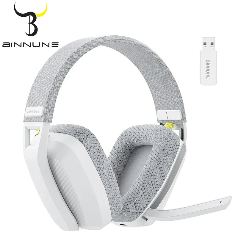 White and gray headphones with a USB adapter on a white background, featuring the Binnune brand.
