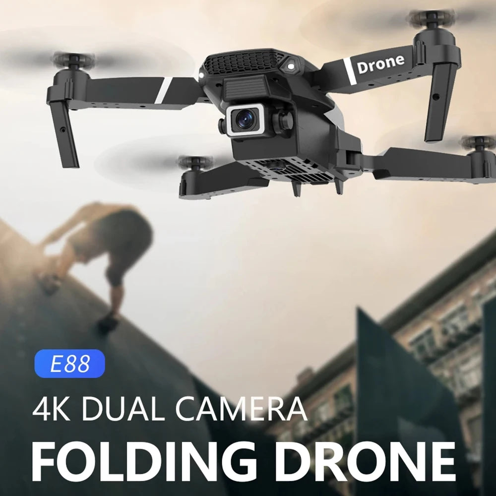 Black drone with 4K dual camera on a blurred cityscape background