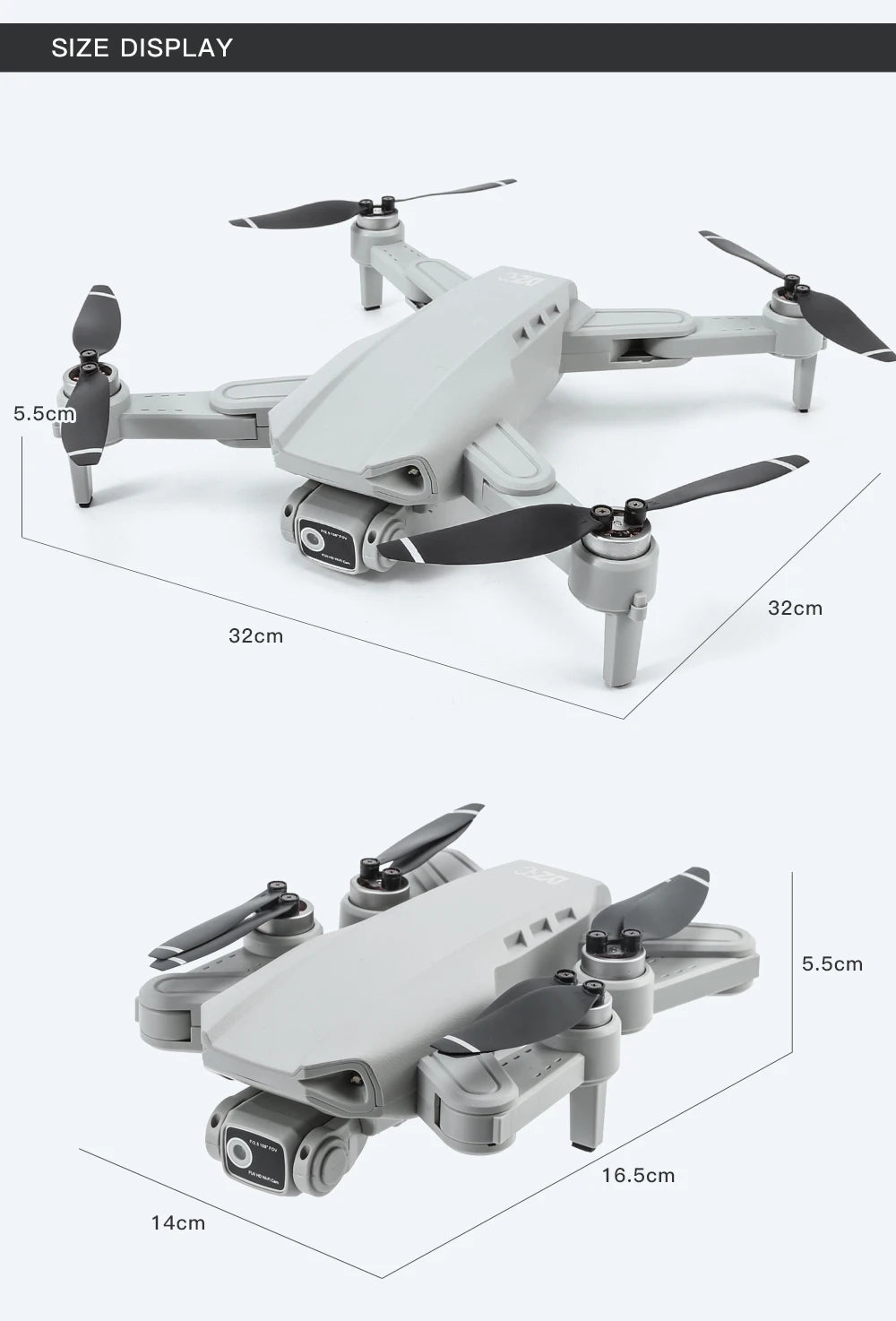 Measurement chart of a white drone with propellers on a white background