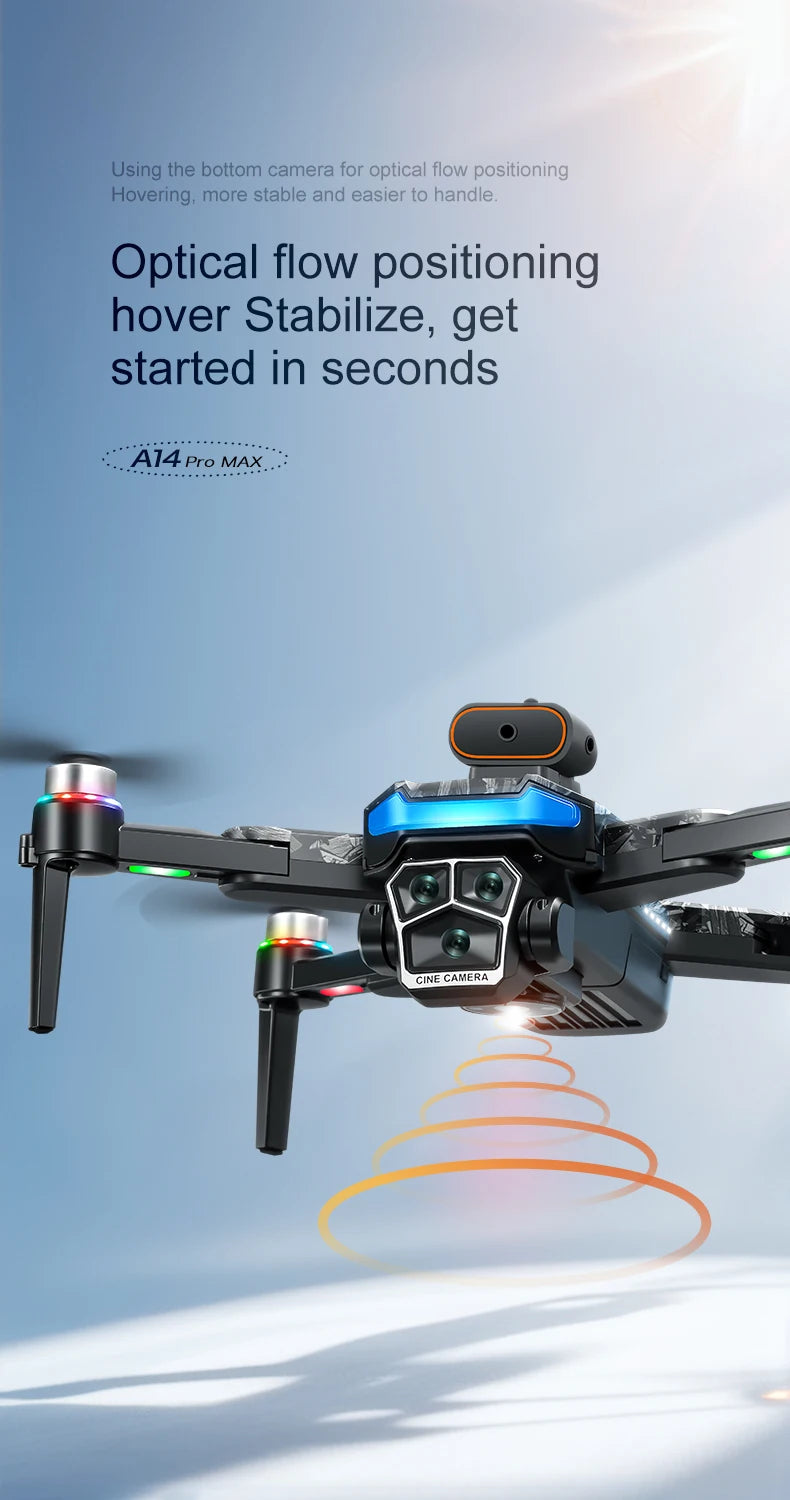 Drone with text about optical flow positioning and stability on a blue background