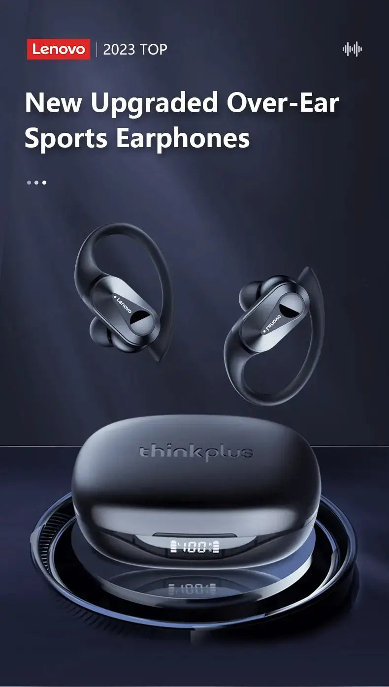 Lenovo Thinkplus over-ear sports earphones with charging case on a dark background