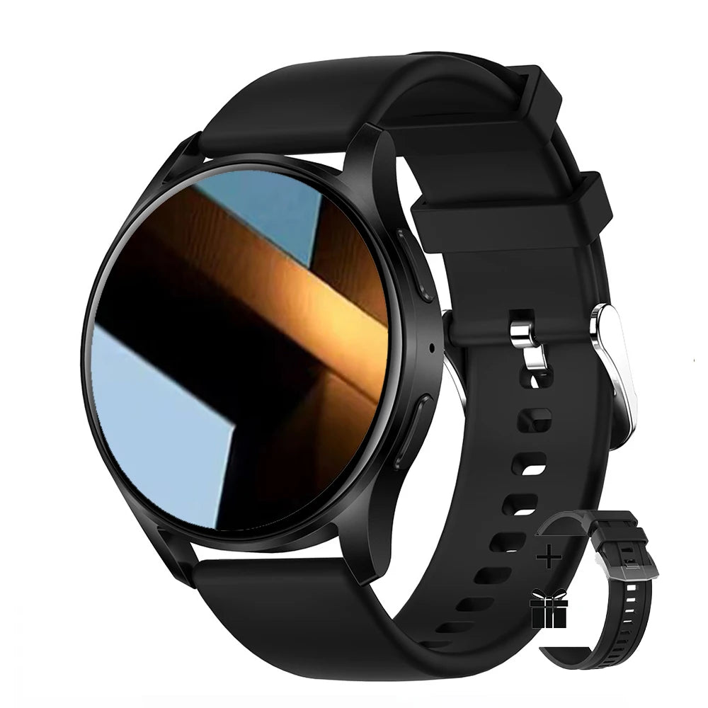 Black smartwatch with a reflective screen on a white background