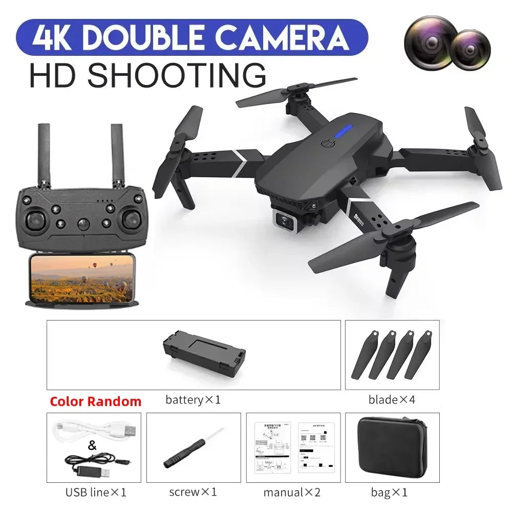 Drone with 4K double camera and HD shooting capabilities, including remote control and accessories on a white background.