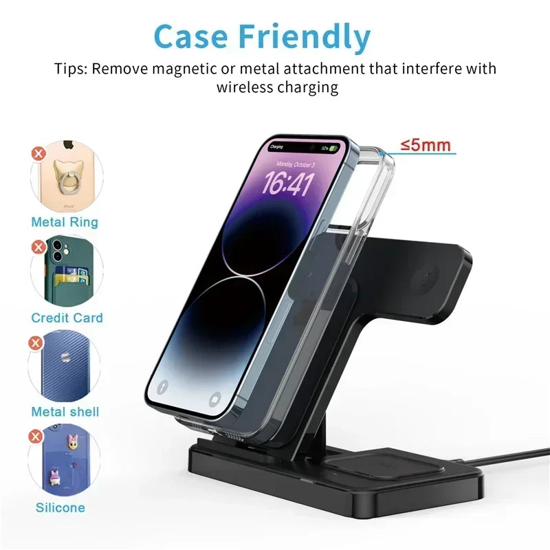 Wireless charging stand with smartphone showing compatibility tips on a white background