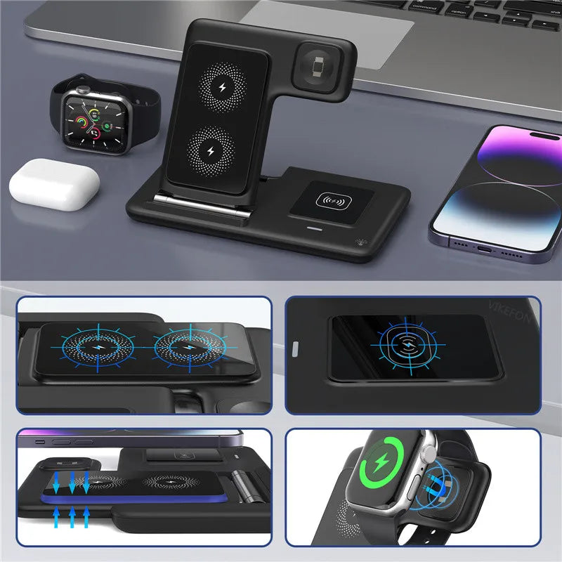 Multi-device wireless charging station with smartphone, watch, and laptop on a desk.