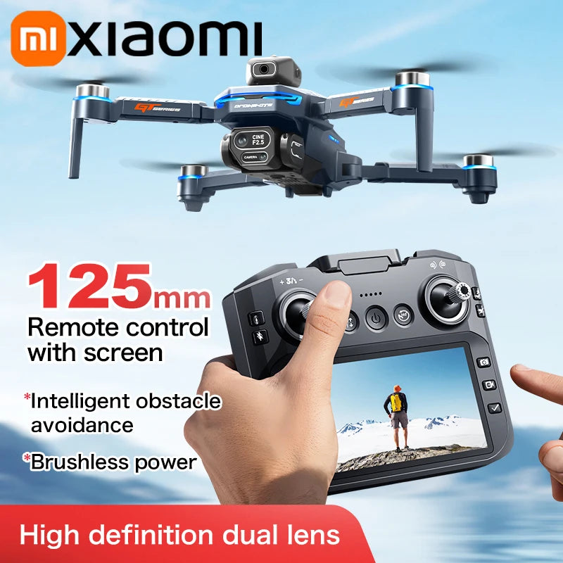 Xiaomi drone with remote control and screen displaying a person on a mountain, against a blue sky.