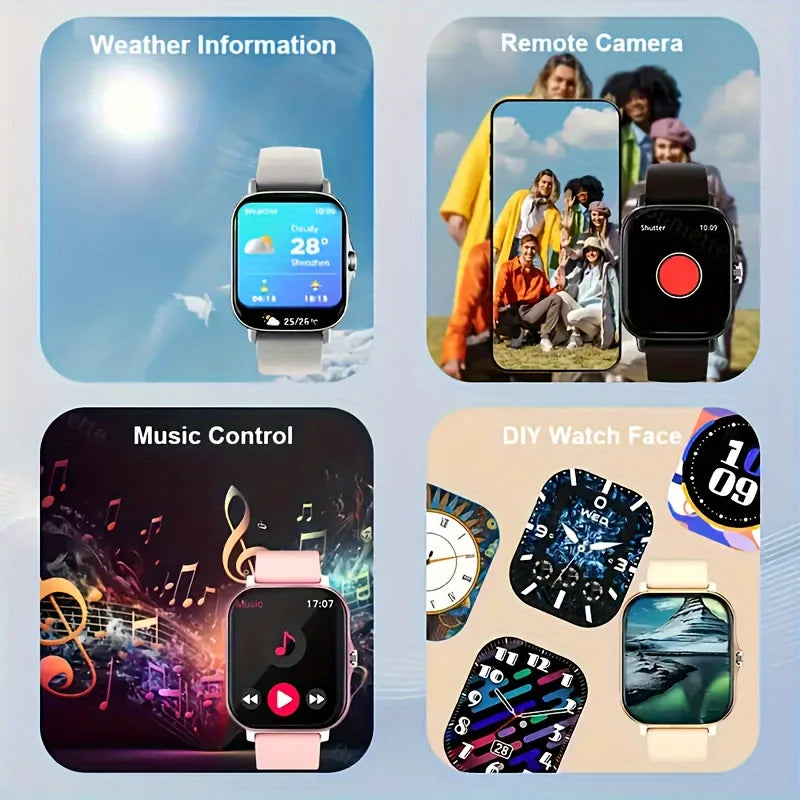 Smartwatch features including weather information, remote camera, music control, and customizable watch faces on a blue background.