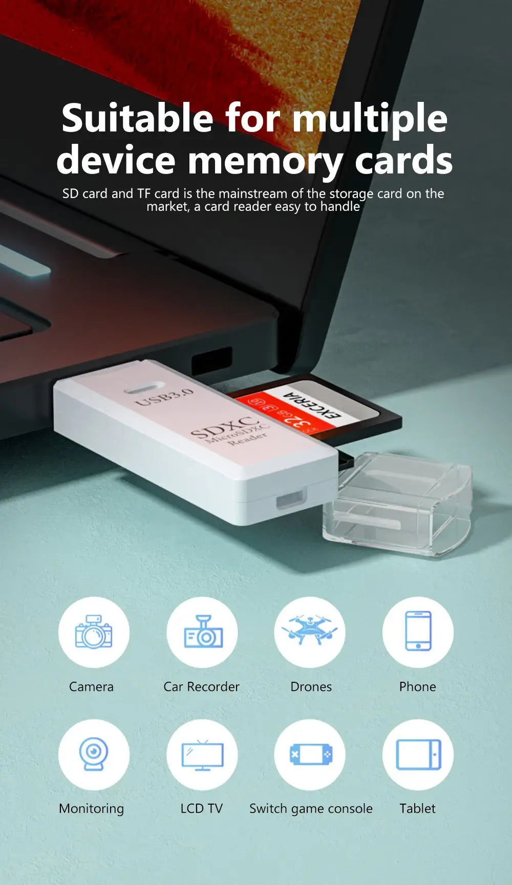 Card reader with storage cards on a light blue surface, compatible with multiple device memory cards