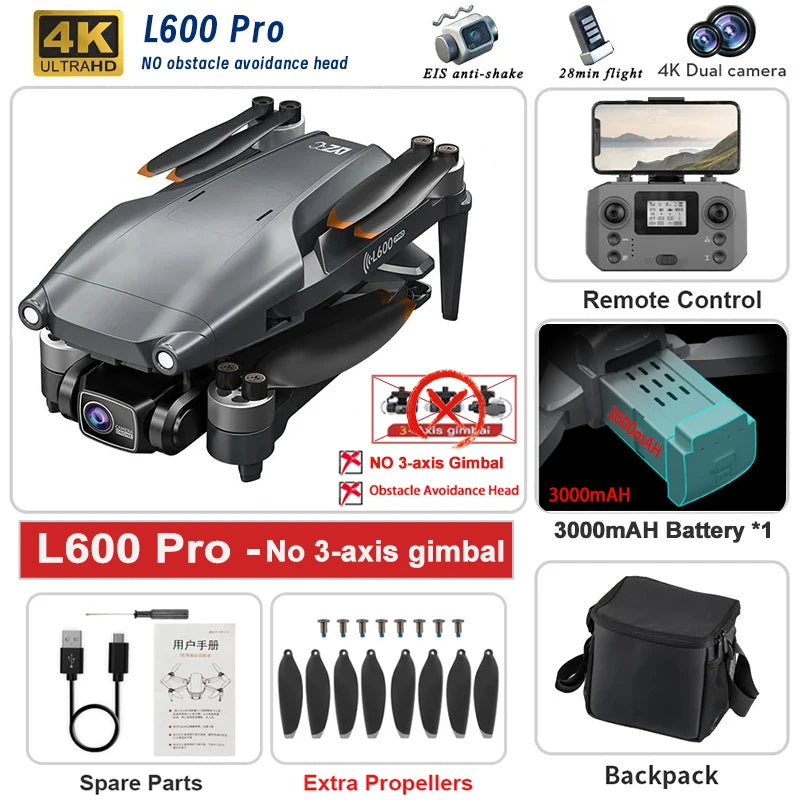 L600 Pro drone with features and accessories on a white background