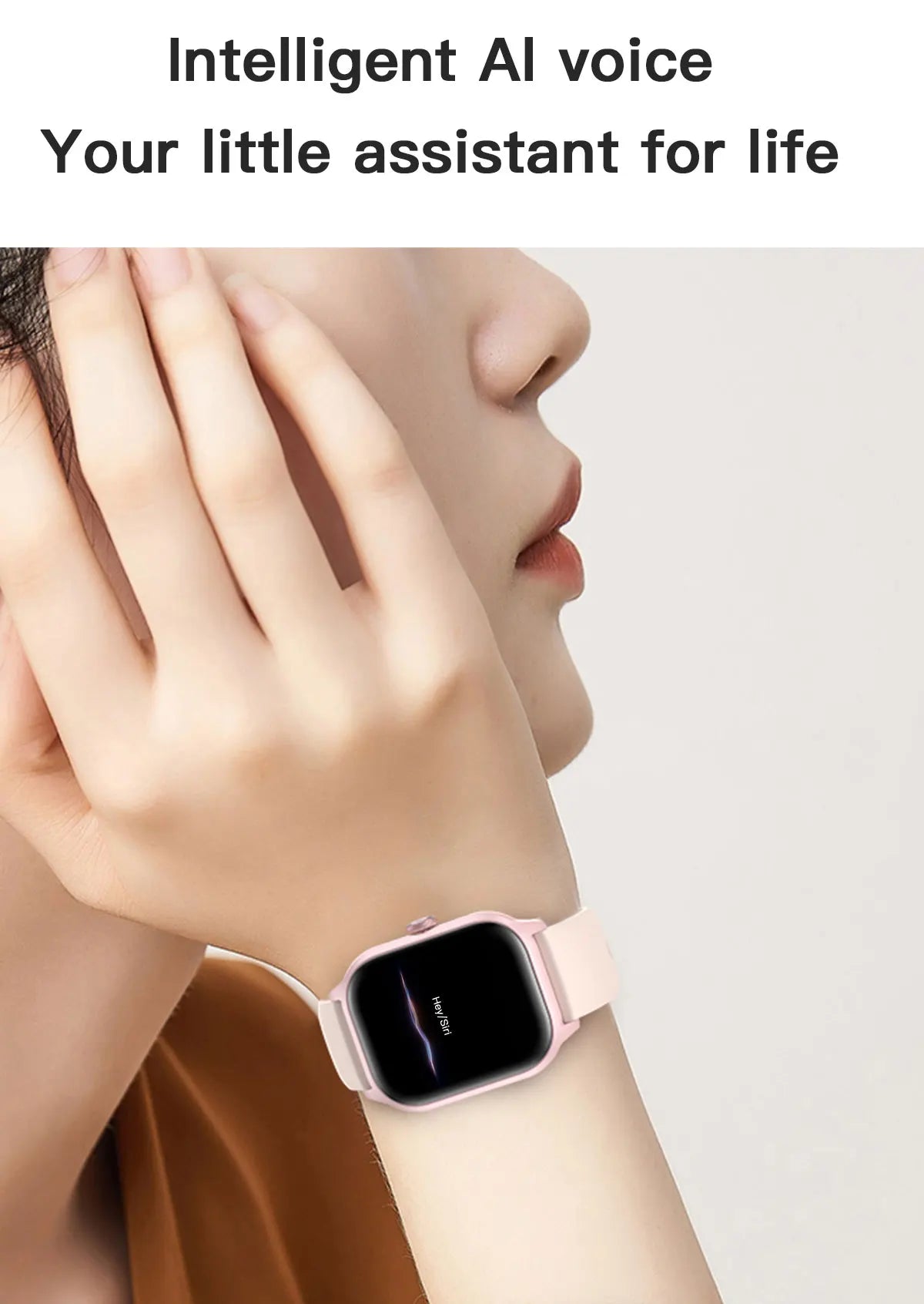 Smartwatch on a wrist with text about intelligent AI voice assistant