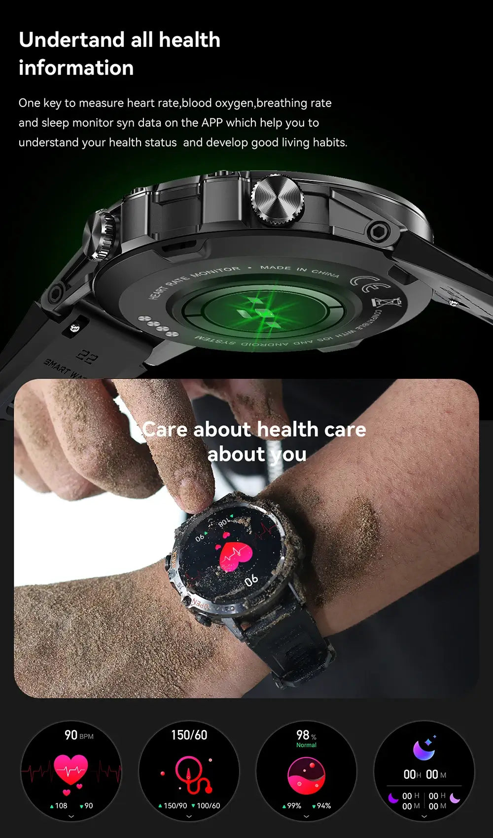 Melanda Smartwatch showcasing health monitoring features on dark background