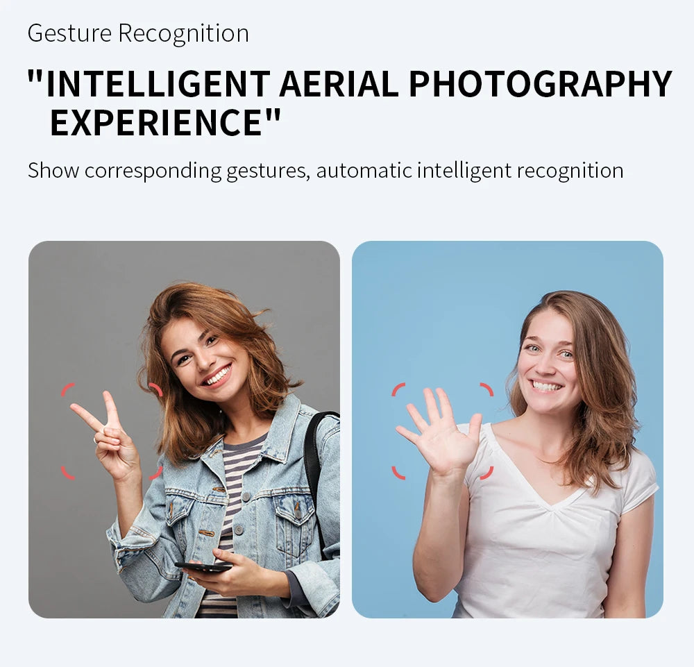 Two people showing gestures with text about intelligent aerial photography experience.
