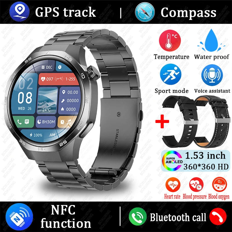 Smartwatch with metal band and additional black band, featuring GPS track, compass, temperature, waterproof, sport mode, voice assistant, NFC function, Bluetooth call, heart rate, blood pressure, and blood oxygen monitoring on a white background.