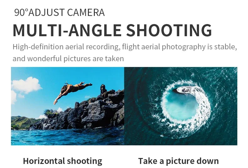 Two images showing a person diving into water and a boat creating a circular wave, with text about multi-angle shooting capabilities.