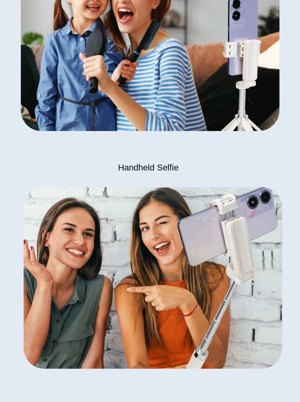 Two people using a handheld selfie stick with a smartphone.