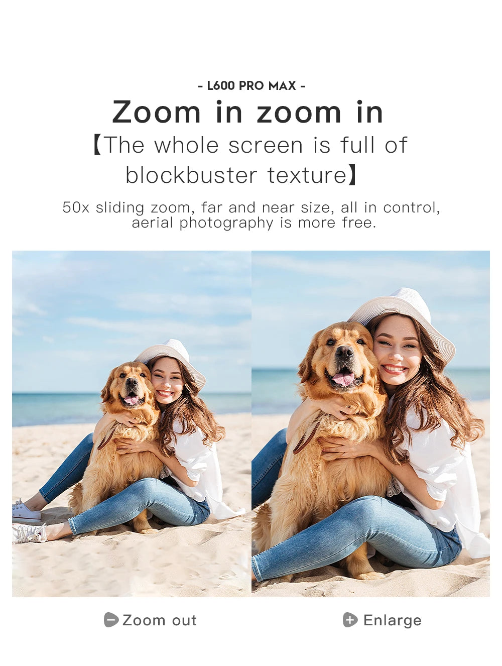 Woman and dog on a beach with promotional text about camera features.