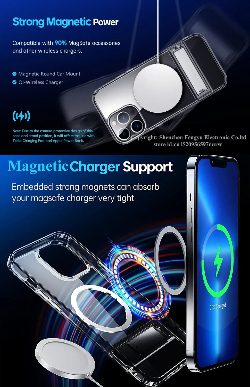 Magnetic clear phone case for iPhone with MagSafe charger and text on a dark background