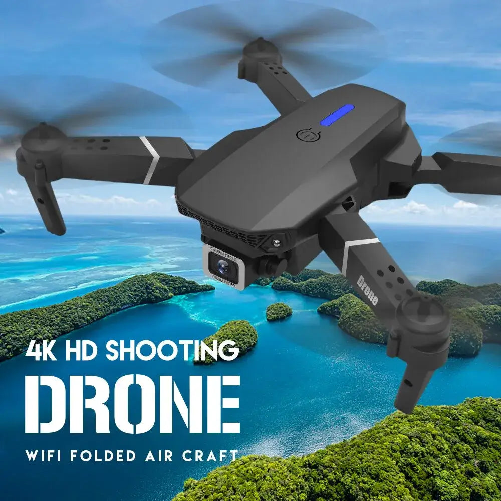 E88 Pro black foldable RC drone with camera over a scenic landscape, featuring text '4K HD Shooting Drone' and 'WiFi Folded Air Craft'