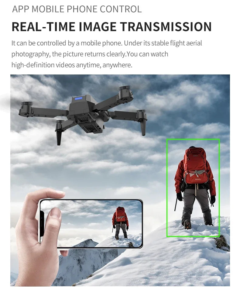 Drone in flight with a person on a snowy mountain, using real-time image transmission on a smartphone.