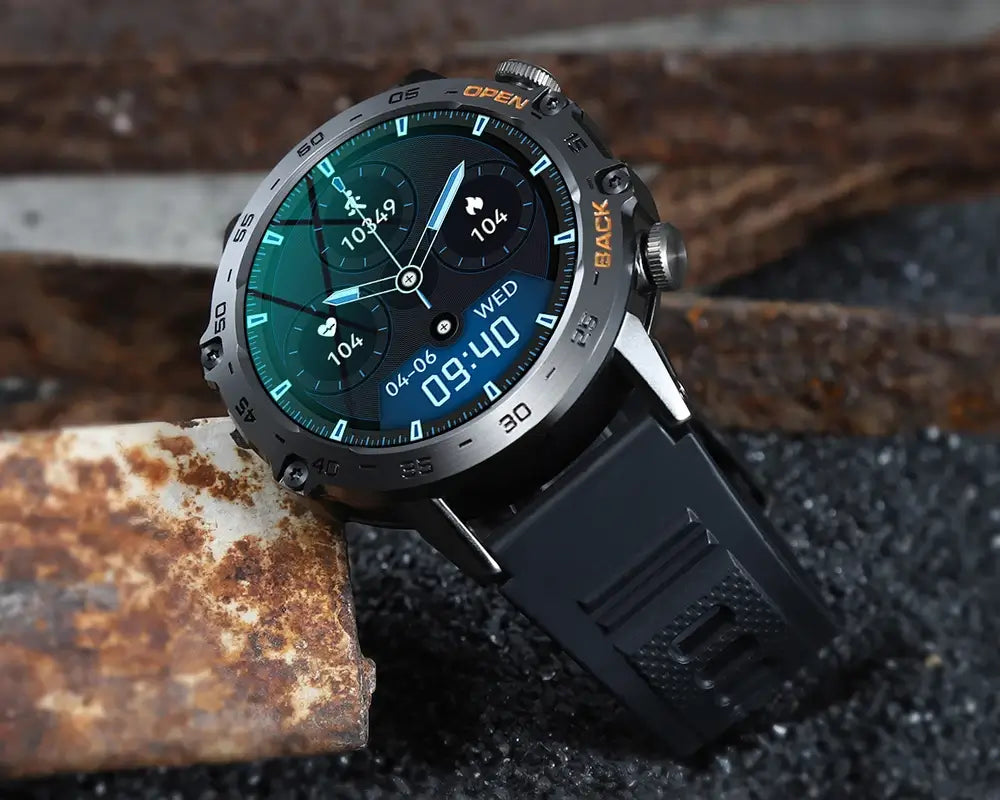 Melanda Smartwatch with black band placed on textured surface