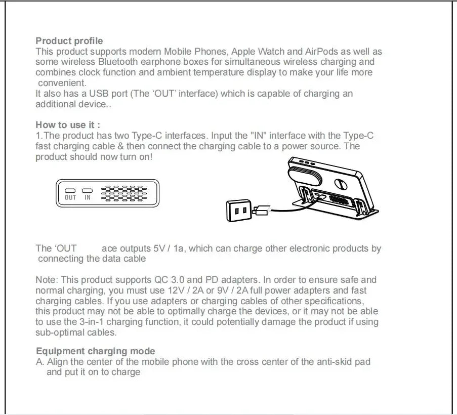 Product description and usage instructions for a charging device on a white background