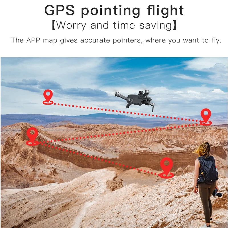 Person standing on a rocky landscape with a drone flying above, indicating GPS-pointed flight.