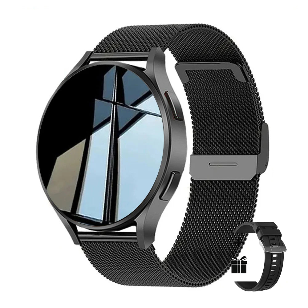 Black smartwatch with mesh band on a white background