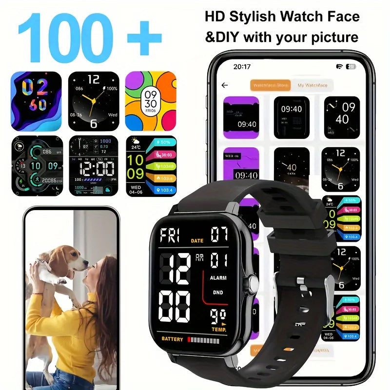 Smartwatch with customizable watch faces displayed on a phone screen, featuring various design options.