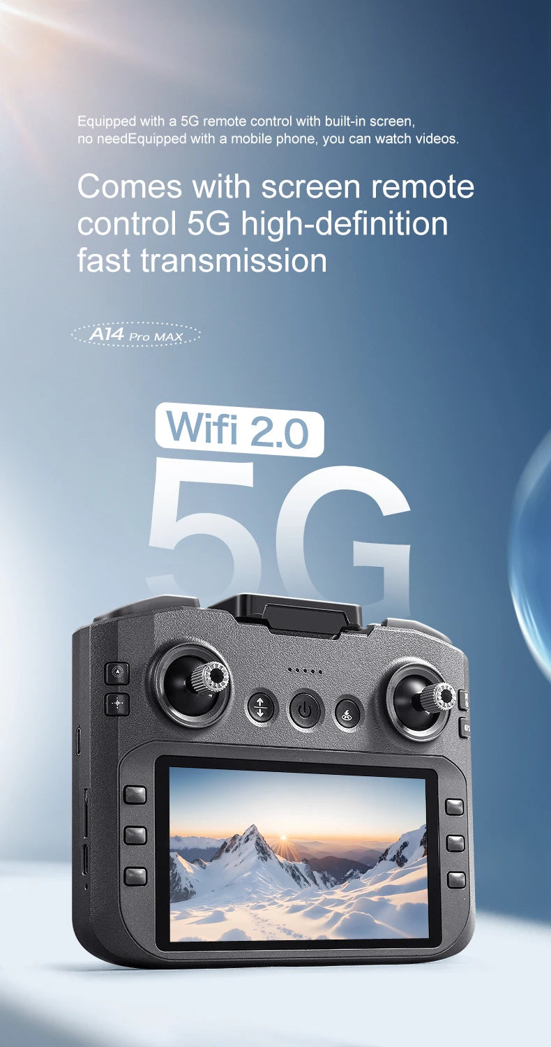 Remote control device with screen displaying mountain landscape, featuring 5G and Wi-Fi 2.0 text on a blue gradient background.