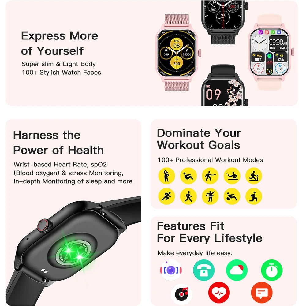 Smartwatch with various features highlighted on a light pink background