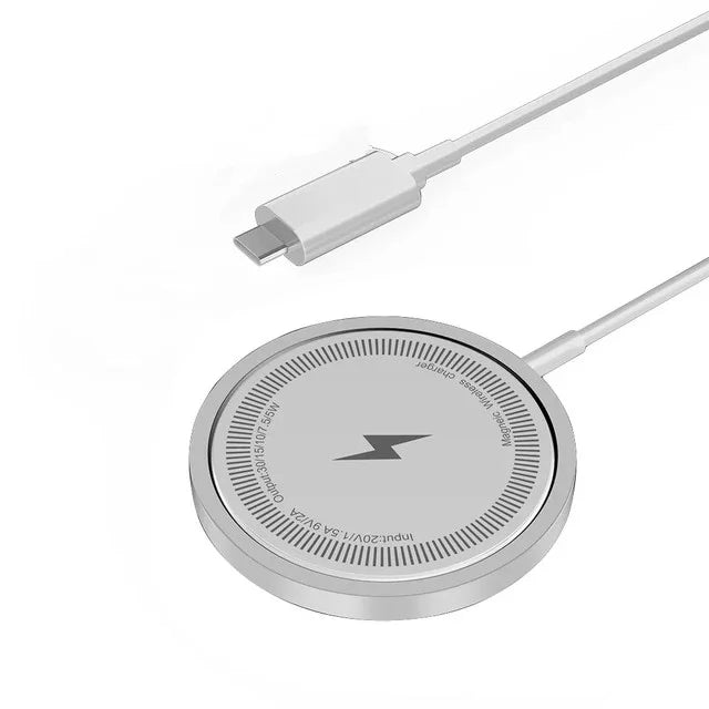 Silver magnetic wireless charging pad with slim round design and USB-C connector.