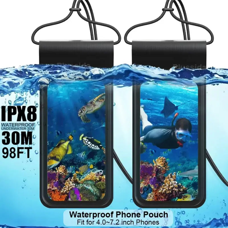 Two waterproof phone pouches with underwater scene design, featuring IPX8 certification