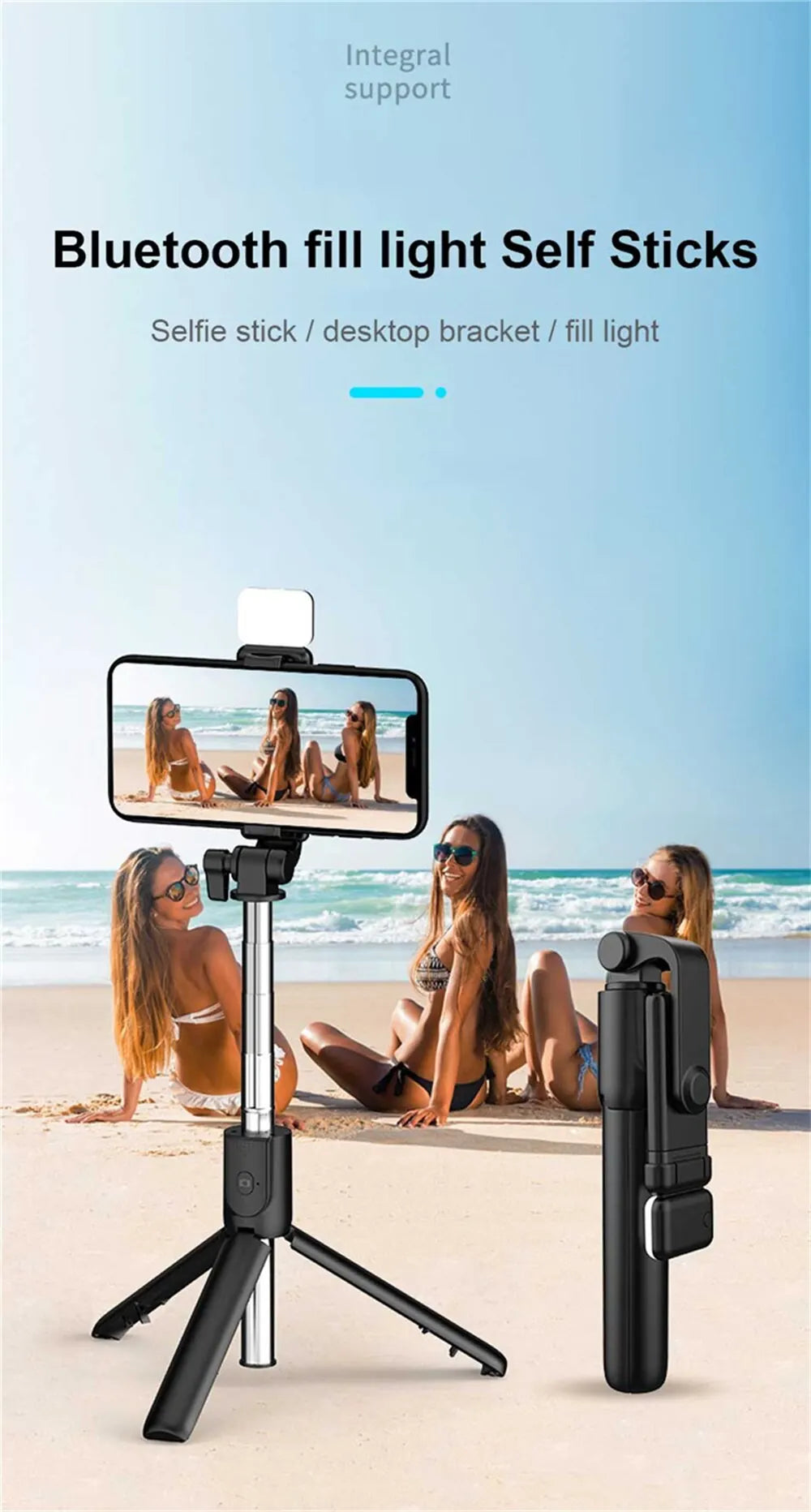 Bluetooth fill light self-stick with smartphone holder on a beach setting