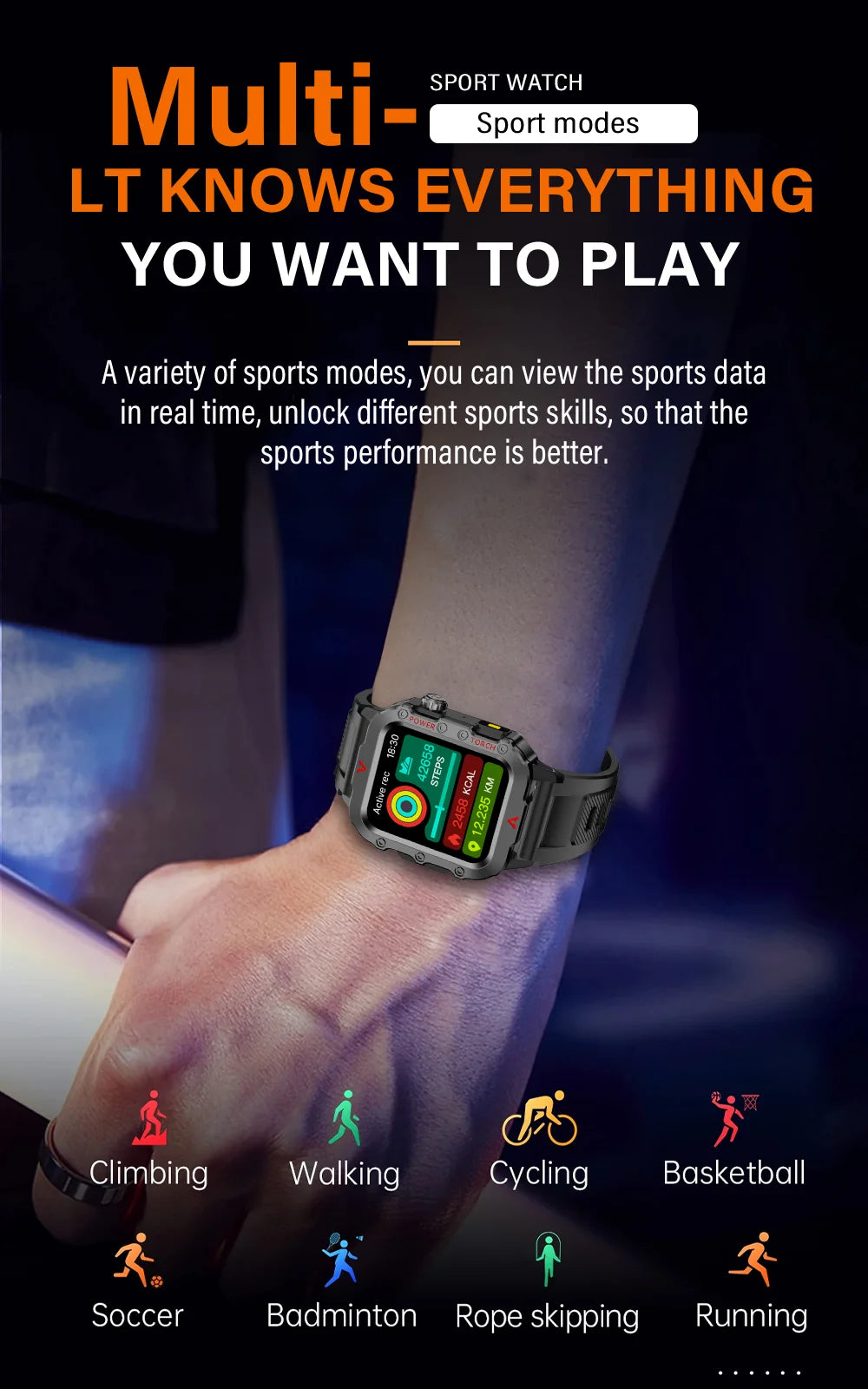 Smartwatch on a wrist with sports mode icons and text about sports performance tracking.