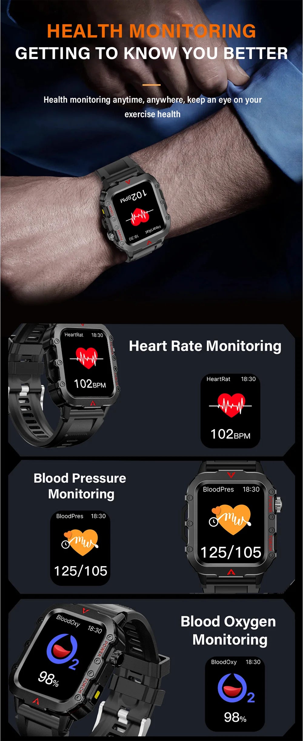 Smartwatch displaying health monitoring features with heart rate, blood pressure, and blood oxygen levels.