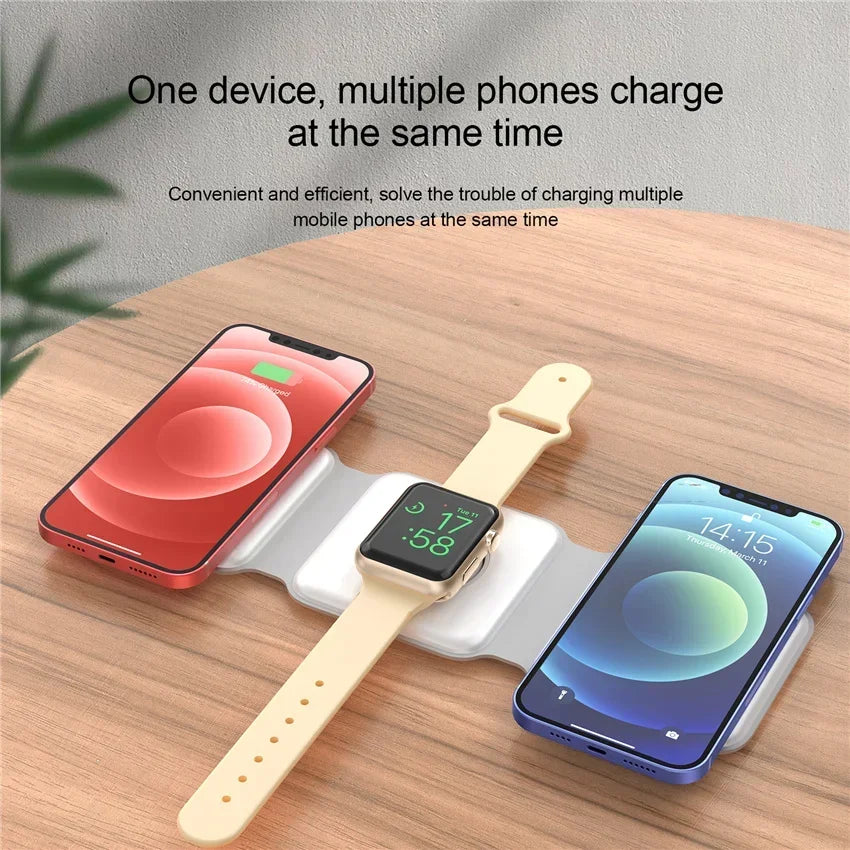 Wireless charging pad with three devices on a wooden surface