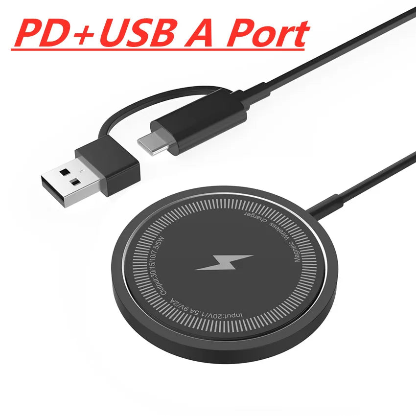 PD USB-A port magnetic wireless charging pad with slim round black design.
