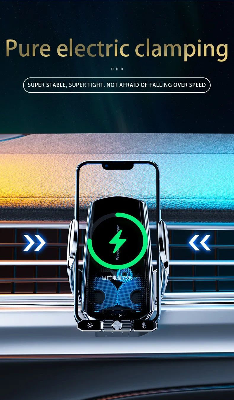 Car phone holder with electric clamping feature on a car dashboard