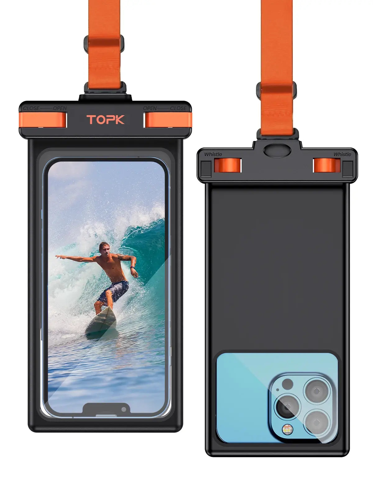 Black waterproof phone pouch with orange strap, featuring a person surfing on screen and visible 'TOPK' branding