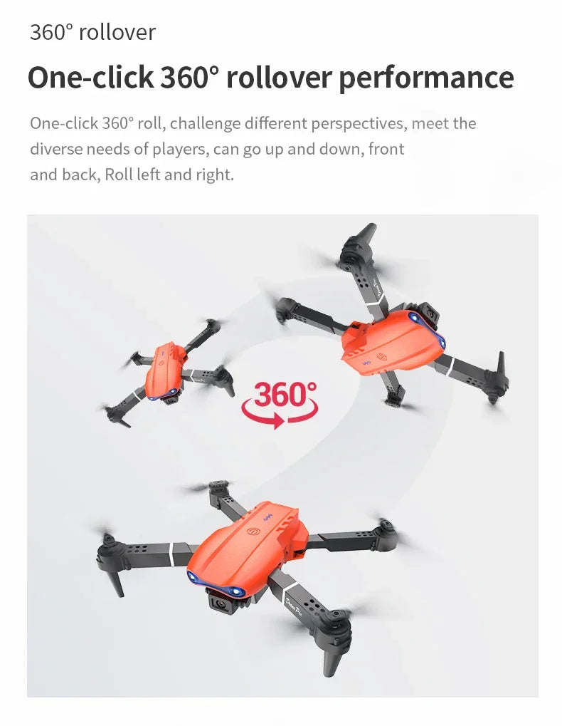 Red and black drone with 360-degree roll capability on a white background