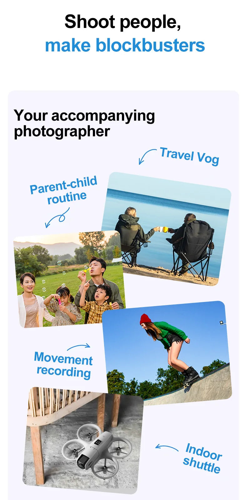 Promotional graphic for a photography device with images of people and equipment.
