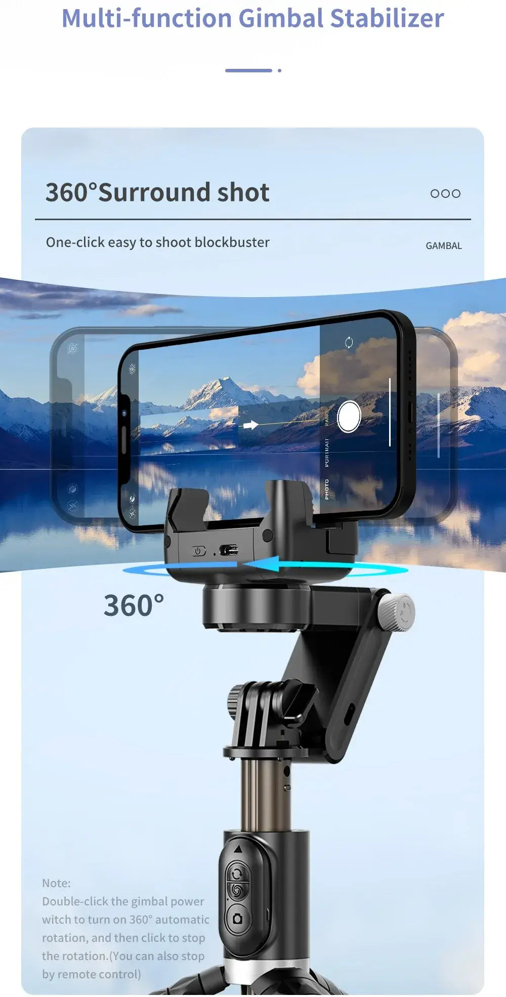 Multi-function gimbal stabilizer with smartphone holder featuring 360-degree rotation for dynamic and flexible shooting angles
